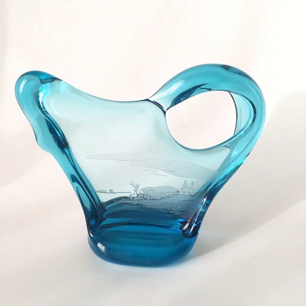 Blue Art Glass Etched Outdoor Scenery Stunning Unknown Artist - Picture 7 of 16